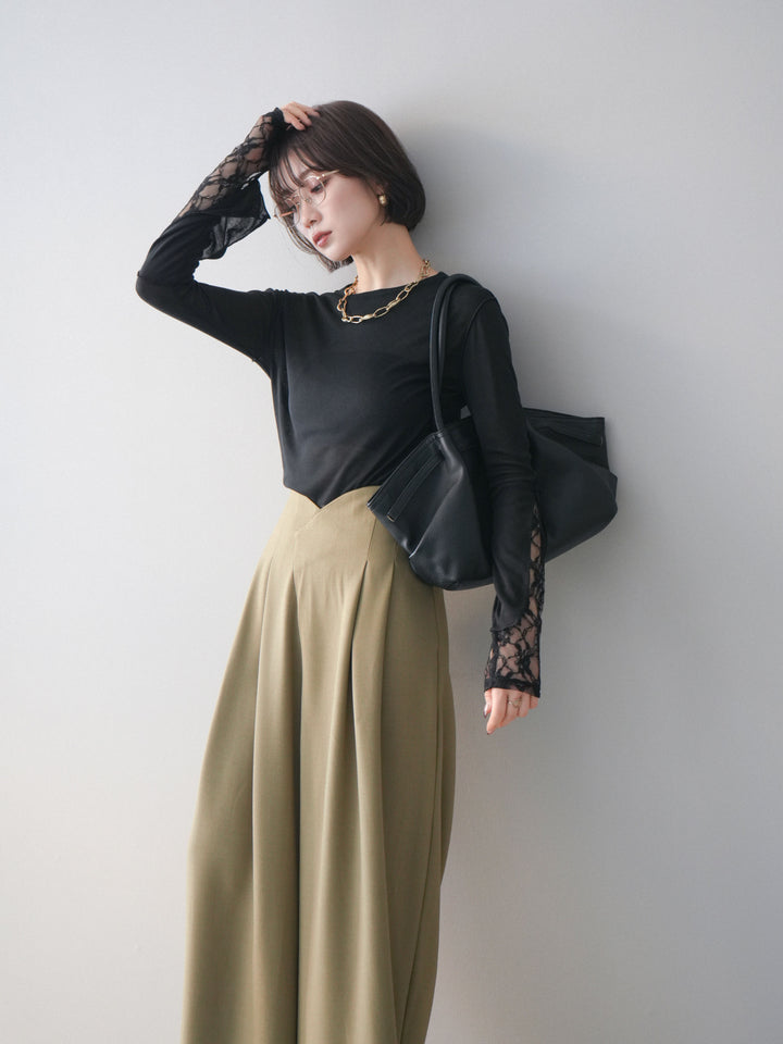 [予約]袖レースレイヤードデザインメロートップス/black