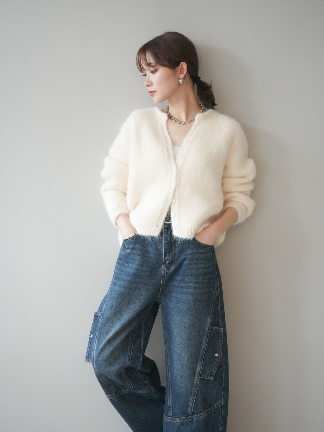 [予約]キーネックシャギーニットカーディガン/ivory