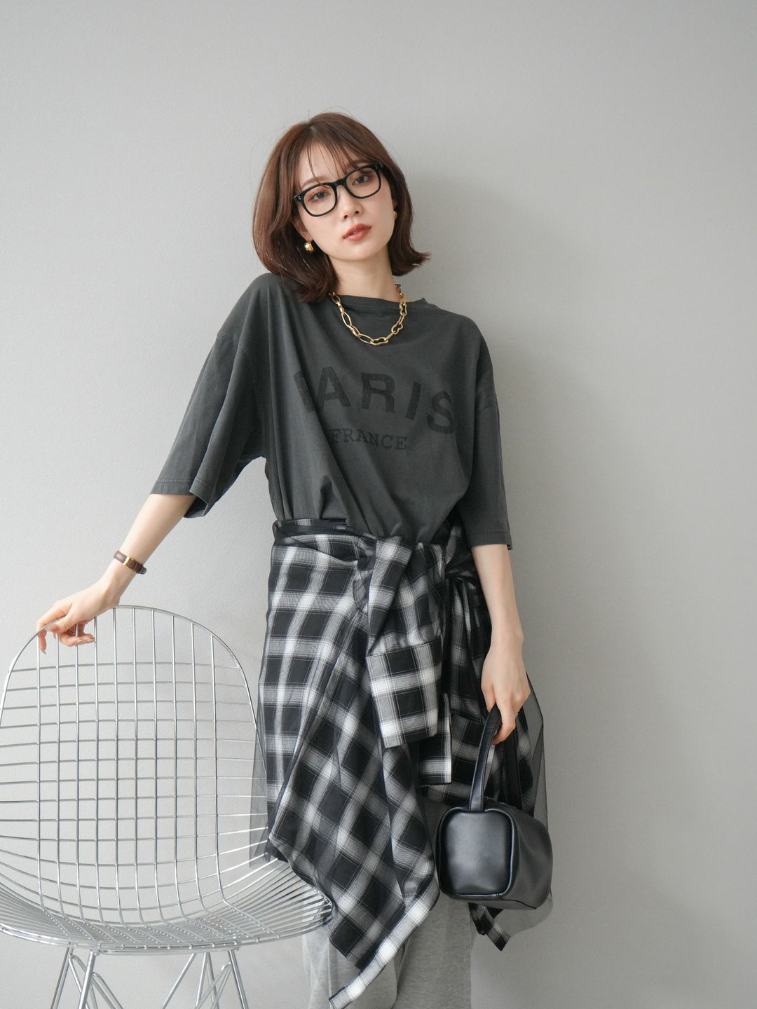 [予約]チュールドッキングチェック柄オーバーサイズシャツ/ブラック