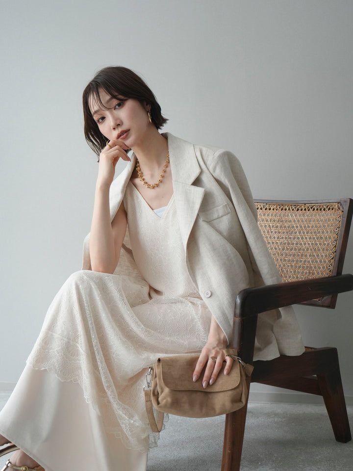 [SET]サテンレースレイヤードキャミワンピース+リネンタッチオーバージャケット(2set)