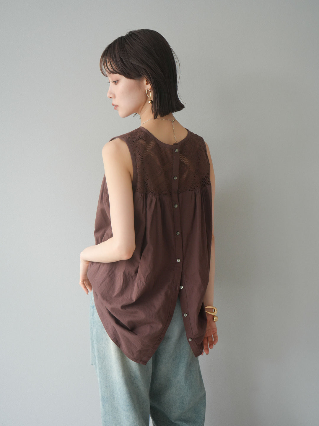 [予約]インド製コットンレース切替ノースリブラウス/ブラウン