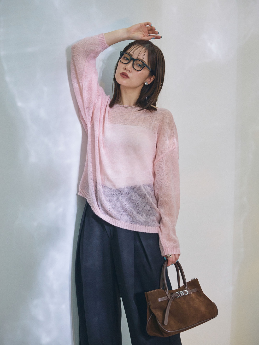 【Allure】[SET]モヘアタッチ透かし編みボートネックニットプルオーバー+アシンメトリーウエストタックパンツ(2set)