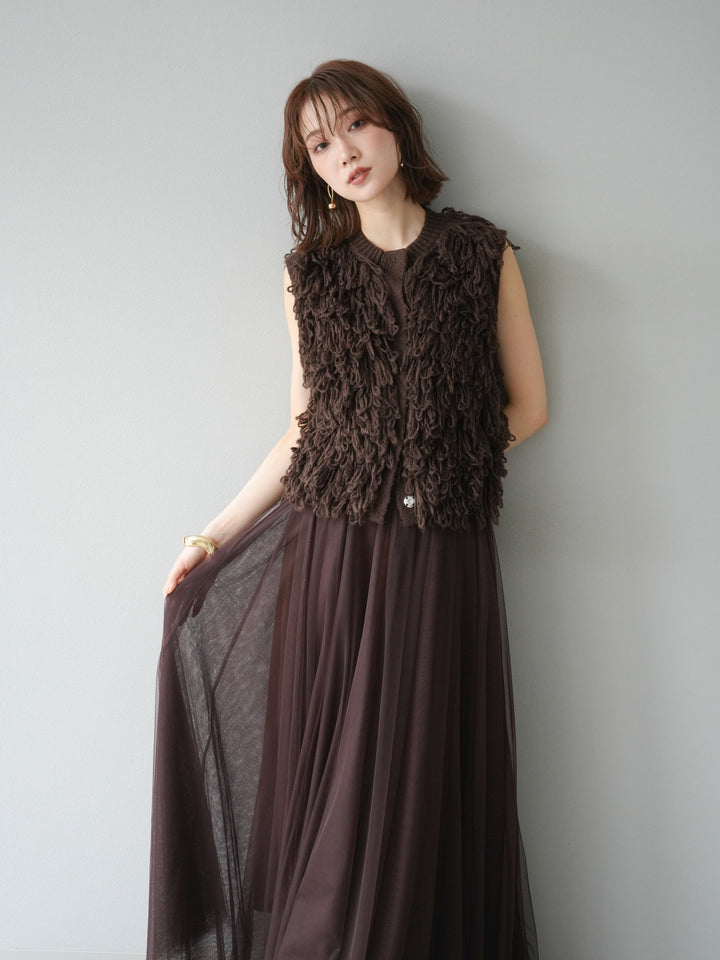 [SET] 前開衩針織背心 + 薄紗蓬鬆裙 (2 件套)