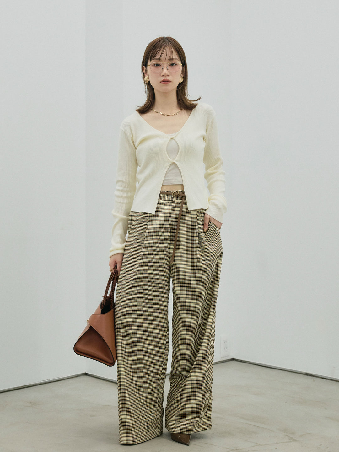 [予約]チェック柄タックワイドパンツ/beige