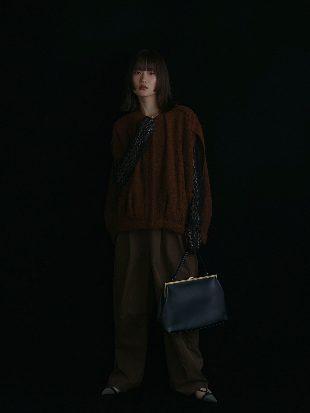 【Allure】[SET]ウール混コクーンブルゾン+タフタワイドカーブパンツ+バックラウンドレーストップス(3set)