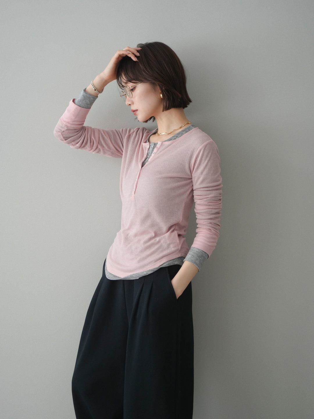 [予約]シアーリブヘンリーネックロンT/pink