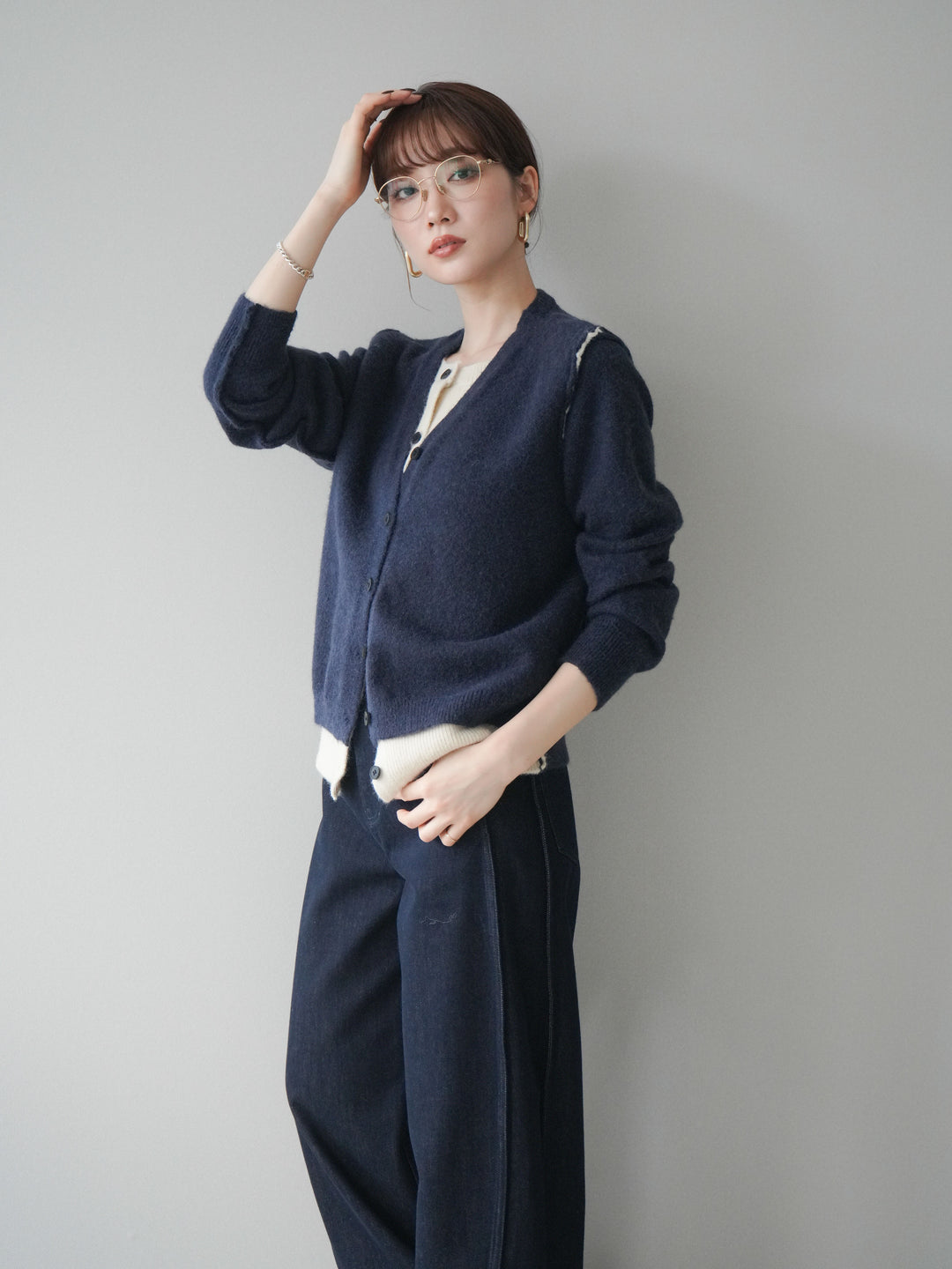 [予約]配色レイヤードニットカーディガン/navy