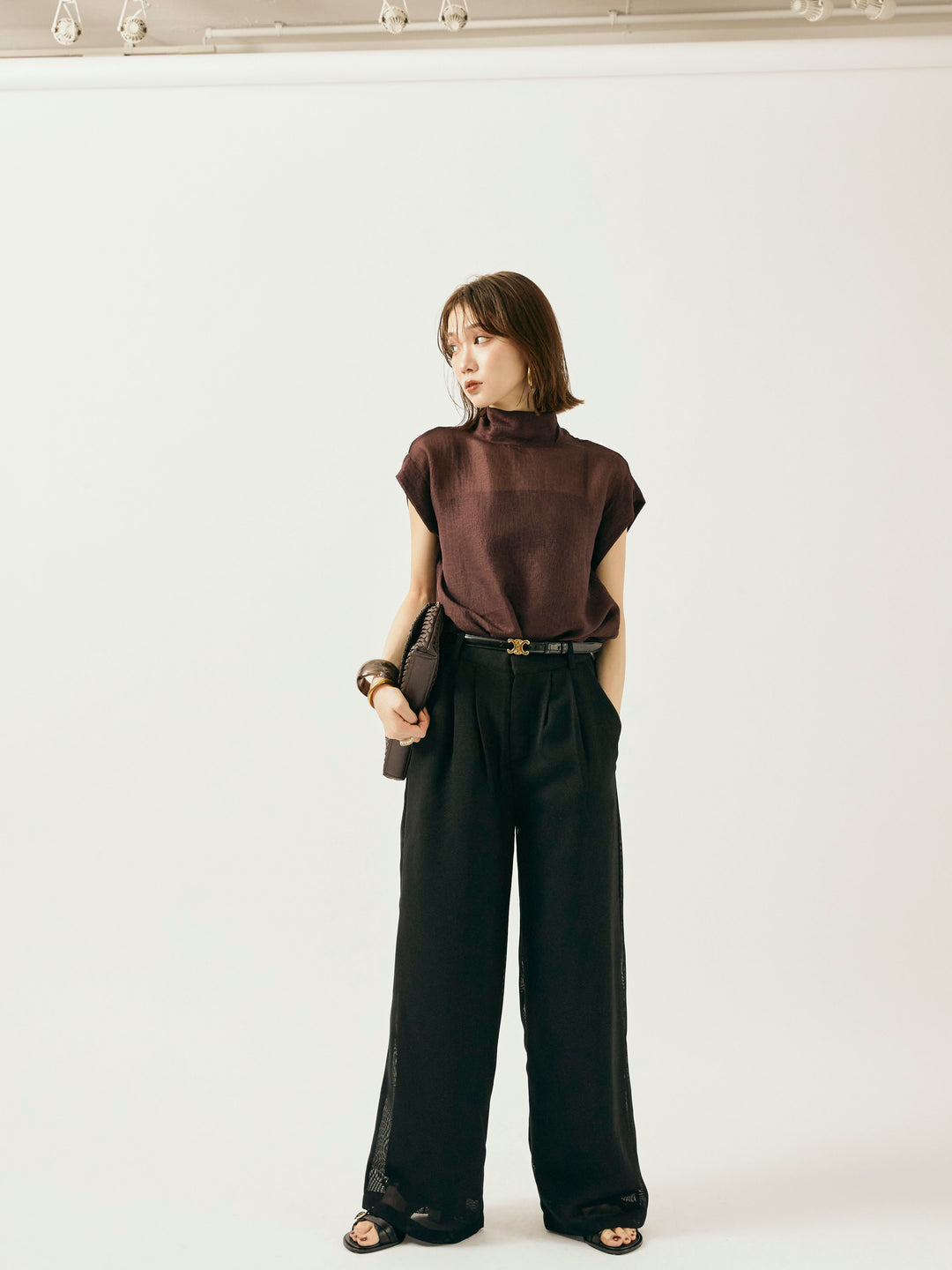 【Allure】[SET]シャイニーシアーブラウス+メッシュタックワイドパンツ(2set)