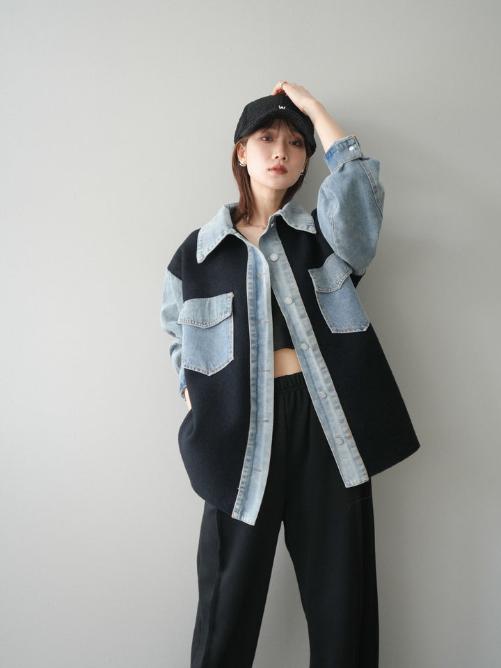 [予約]デニム襟ダブルフェイスニットカーディガン/black