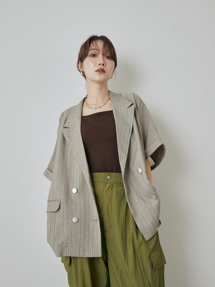 [予約]バックオーガンジーヘリンボーンストライプハーフジャケット/グレージュ