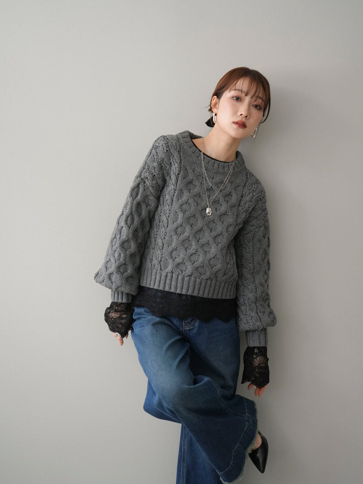 [SET]バルキーケーブルクロップドニットプルオーバー+チュールレーストップス(2set)