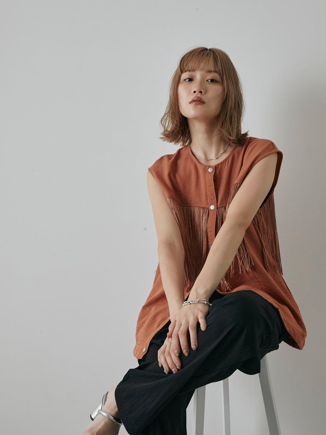 【預購】流蘇無袖上衣/摩卡色
