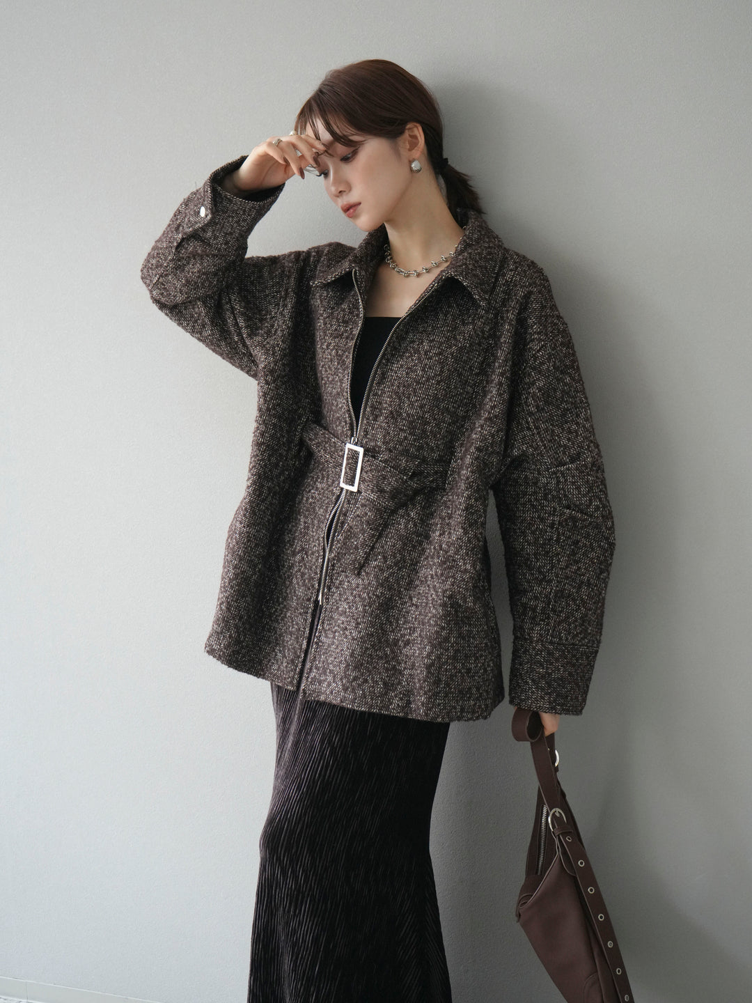 [予約]起毛ツイードベルトぺプラムジャケット/brown