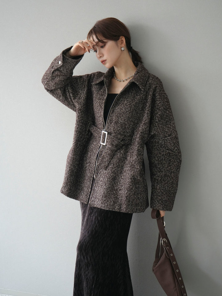 [予約]起毛ツイードベルトぺプラムジャケット/brown