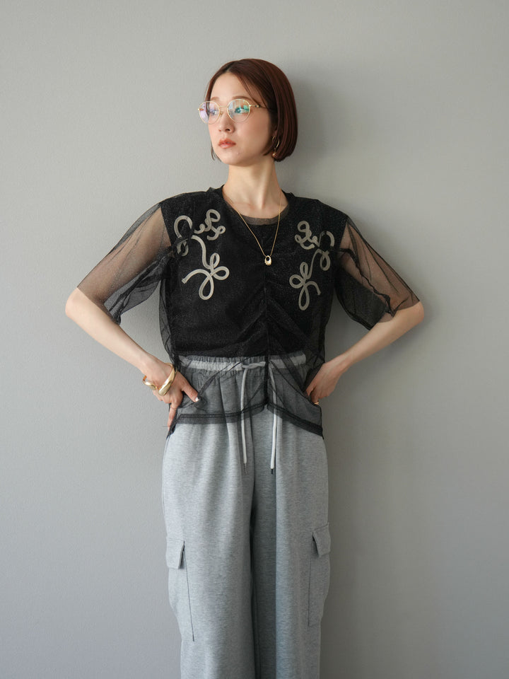 [SET]ラメチュールシャーリングプルオーバー+コード刺繍フレンチスリーブTシャツ+ウエストラインサイドポケットスウェットパンツ(3set)