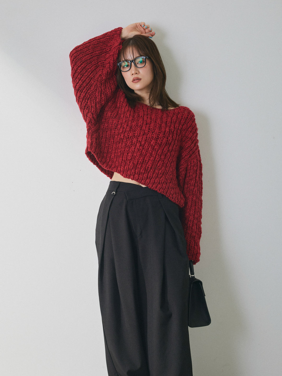 【Allure】[SET]クロップドチャンキースラブニットプルオーバー+アシンメトリーウエストタックパンツ(2set)