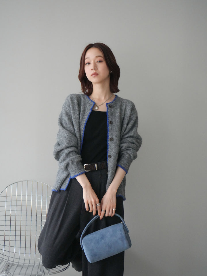 [SET]三角ステッチニットカーディガン+アニマル柄ベルト付きウールタッチワイドパンツ(2set)