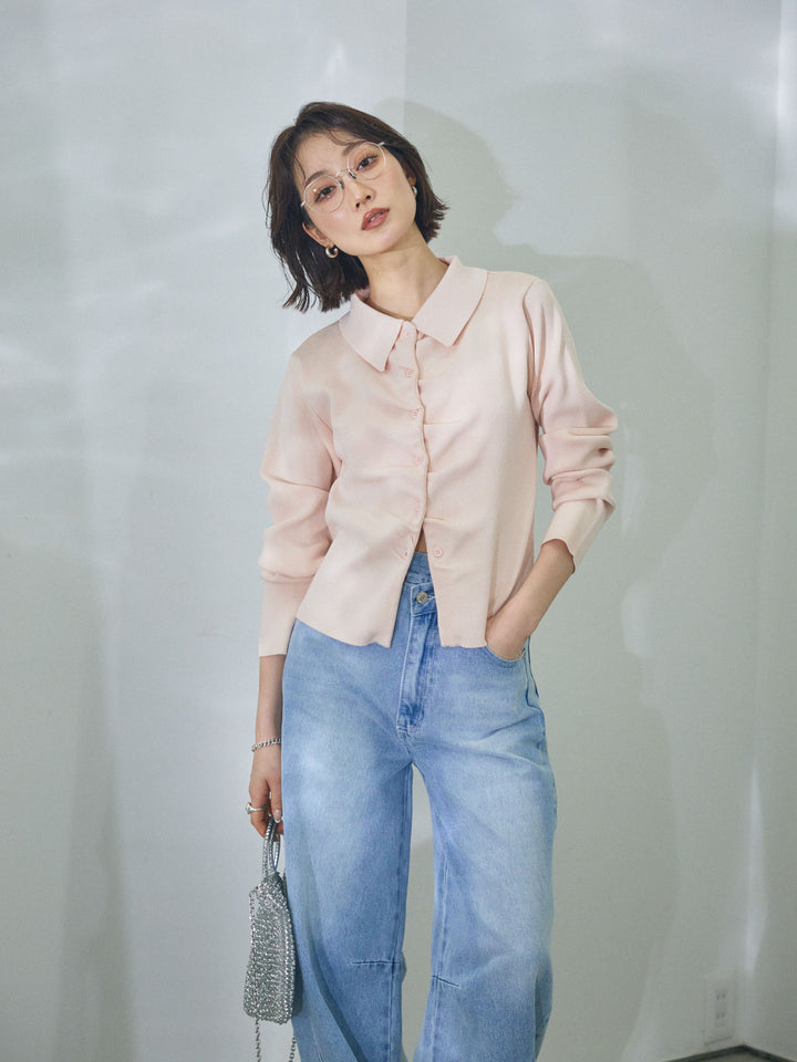 【Allure】[SET]襟付きギャザーニットカーディガン+アシメカーブデニムパンツ(2set)