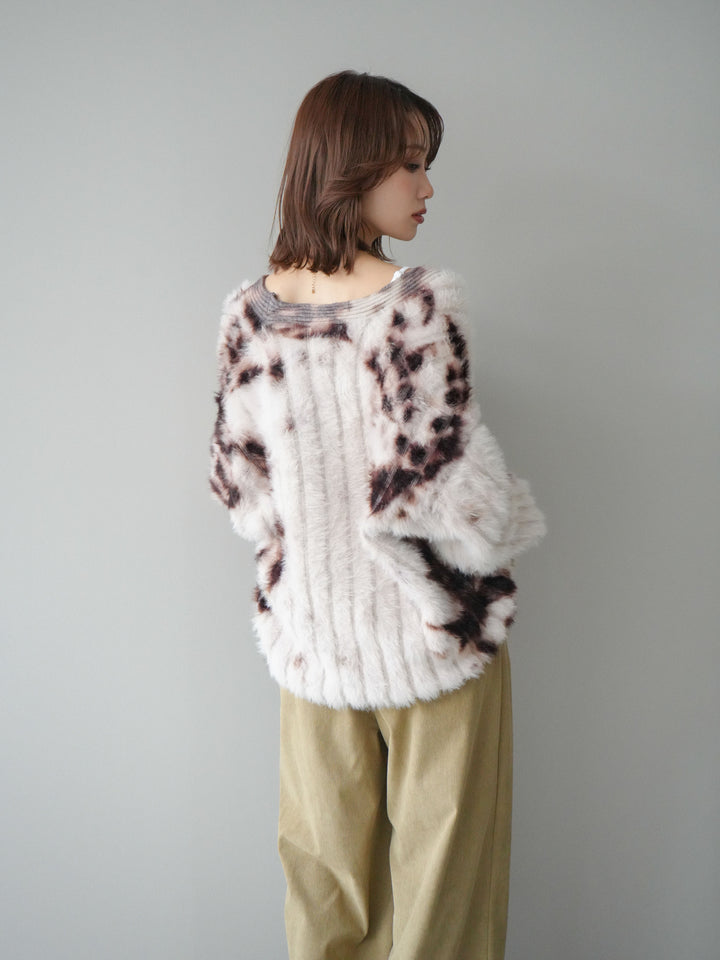 [SET]ニュアンス柄シャギーニットカーディガン+コーデュロイ巻きベルト付きパンツ(2set)