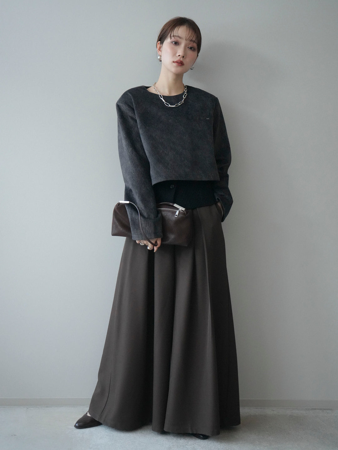 [予約]リブニットレイヤードスエードプルオーバー/charcoal