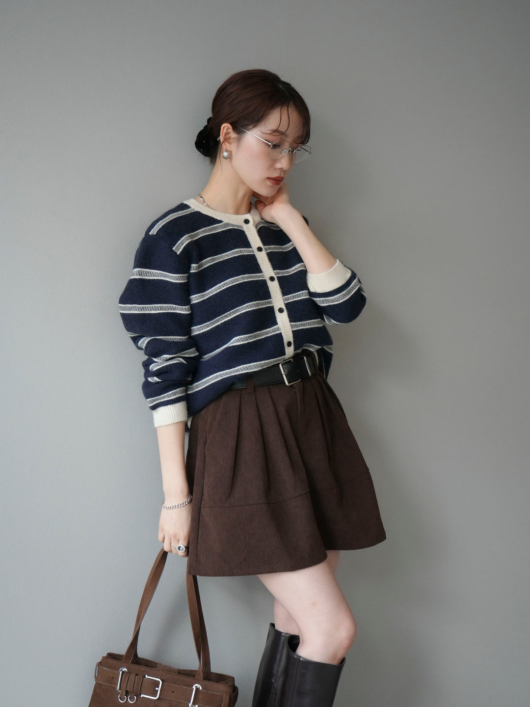 [予約]配色ボーダーニットカーディガン/navy