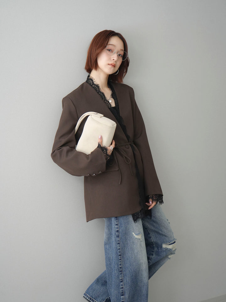 [SET]ノーカラーレースジャケット+カップ付テレコリブベアキャミソール+ダメージデニムセミワイドパンツ(3set)