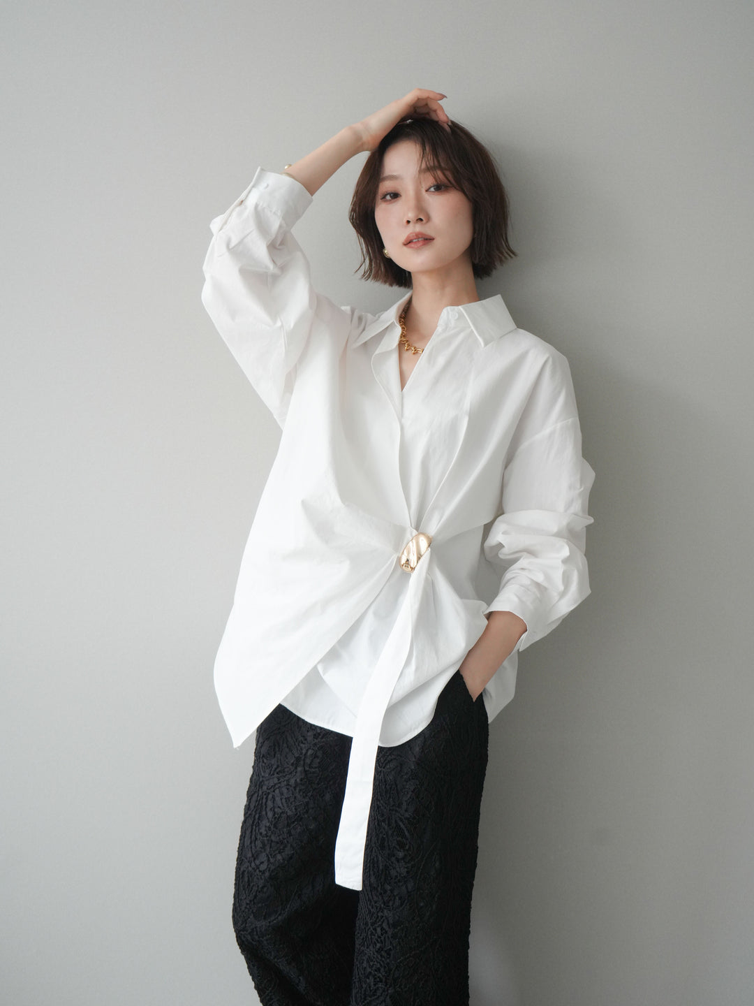 [SET]メタルパーツドレープシャツ+シアーコードレースイージーパンツ(2set)