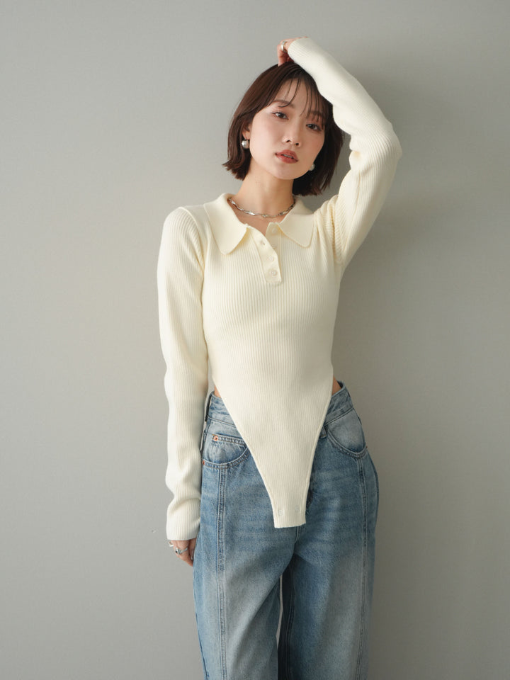 [予約]リブポロニットボディスーツ/ivory