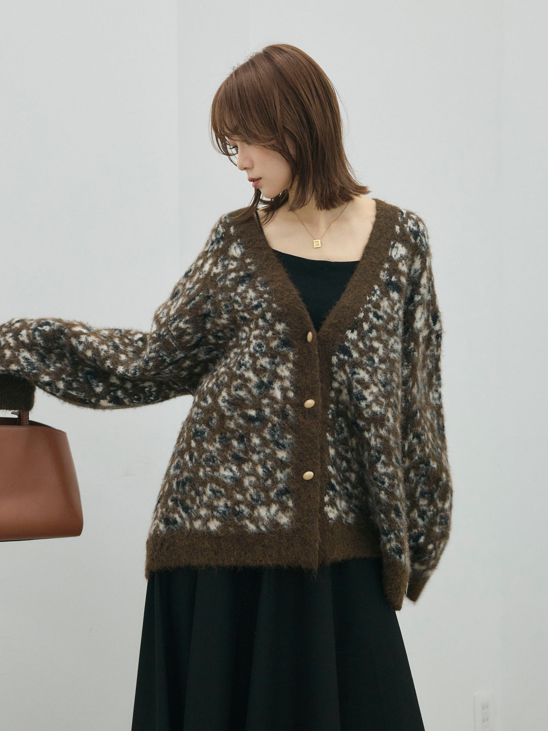 【Allure】[SET]レオパードシャギーニットカーディガン+ウールタッチフレアスカート(2set)