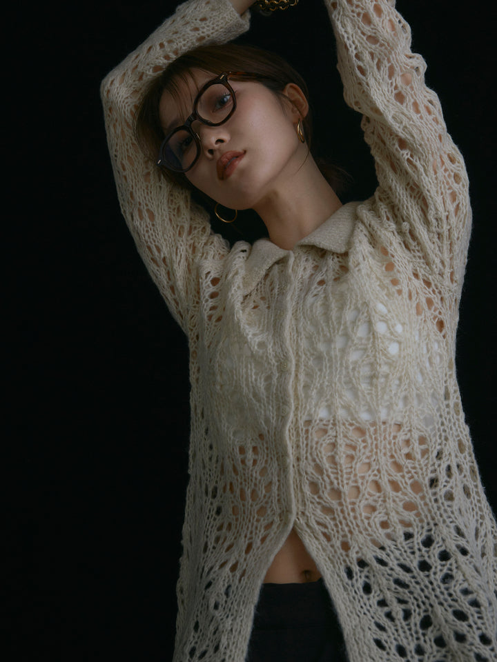 【Allure】[SET]ローゲージ透かし編みポロニッカーディガン+ラップデザインタックワイドパンツ(2set)