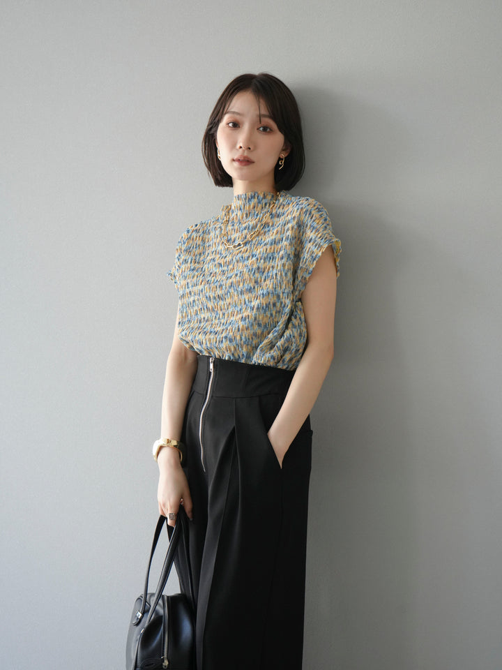 [SET] 多色隨機百褶法式上衣+拉鍊褶襉寬褲（2件套）