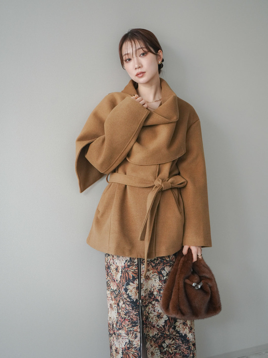 [予約]ストールデザインショートコート/camel
