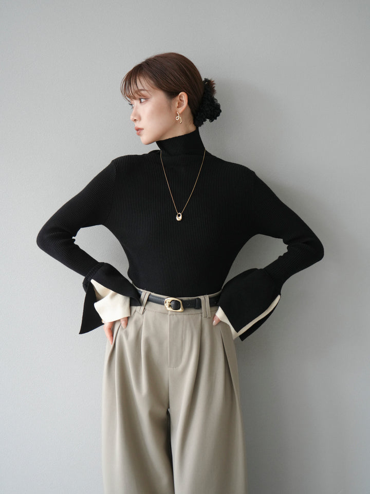 [予約]レイヤードフレアスリーブハイネックニットトップス/ブラック