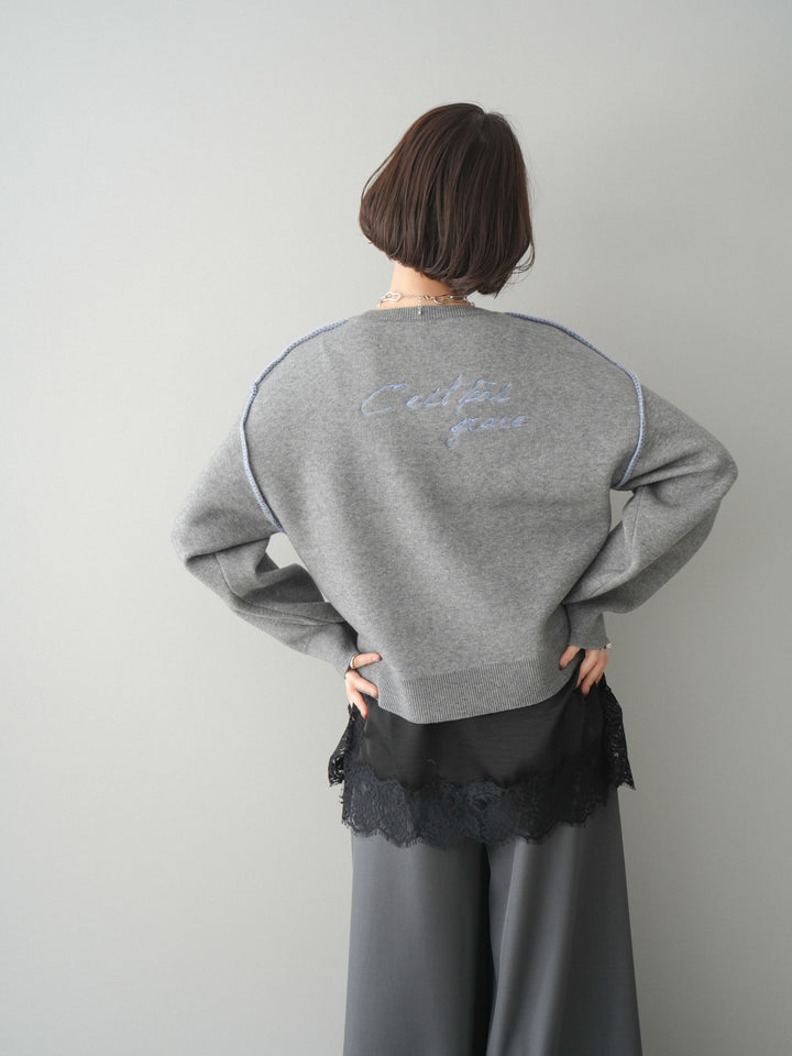 [SET]バックロゴ刺繍配色ステッチニットプルオーバー+選べるアクセセット(2set)