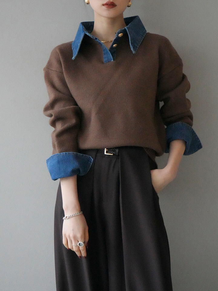 【預購】牛仔領polo針織套頭衫/棕色