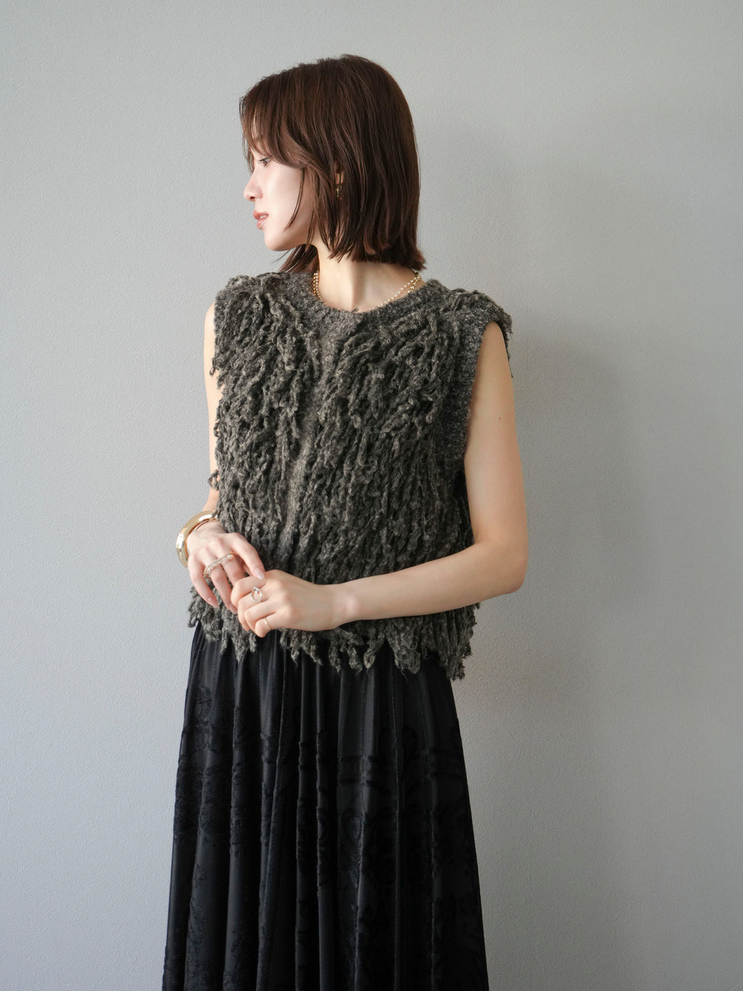 [SET]フリンジループニットベスト+アンティーク柄フロッキーマキシスカート(2set)