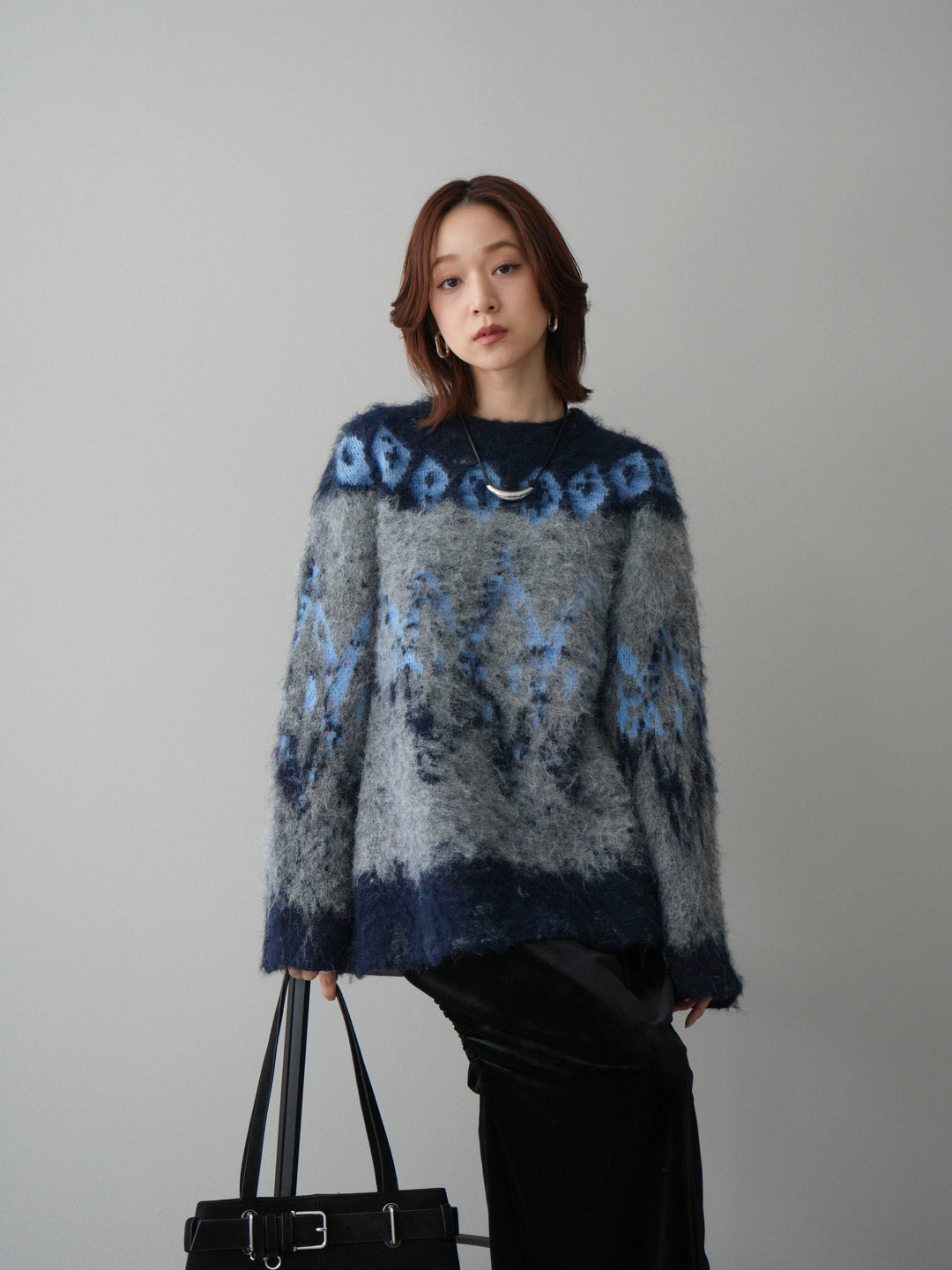 [SET]シャギーニュアンス柄ニットプルオーバー+ギャザーベロアスカート(2set)