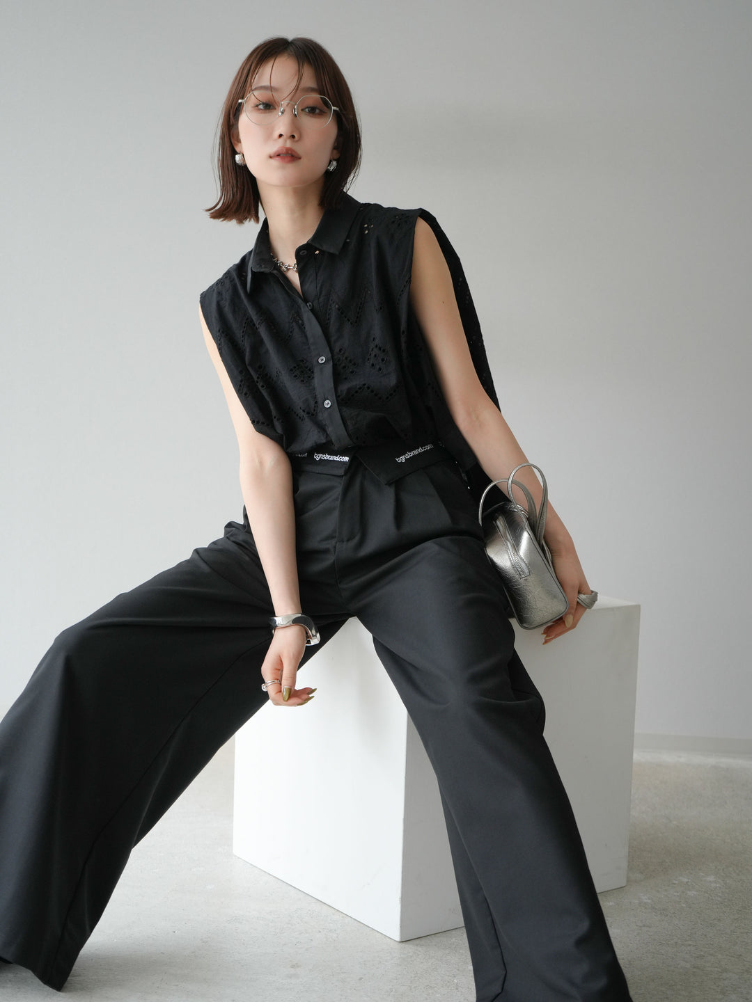 [予約]エンブロイダリーレースタックショルダーブラウス/ブラック