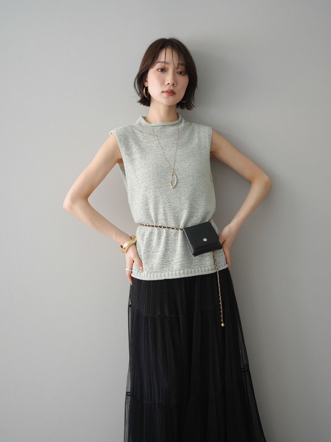 [予約]ノースリーブリネンタッチシアーニットプルオーバー/green