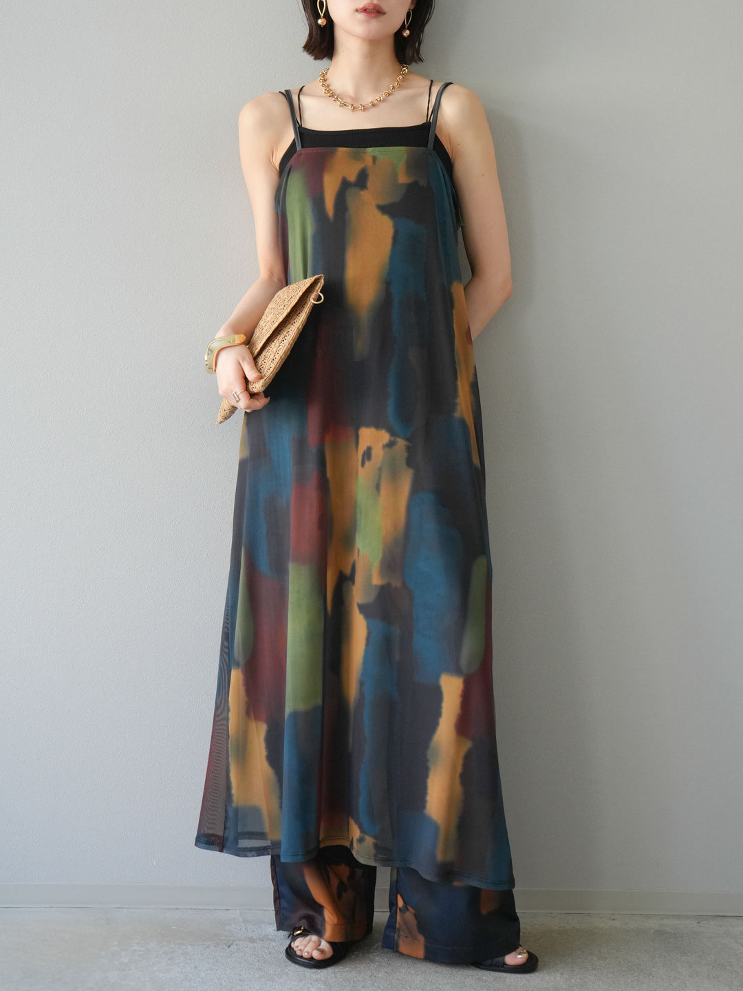 [予約]水彩アートシアーキャミワンピース/チャコール