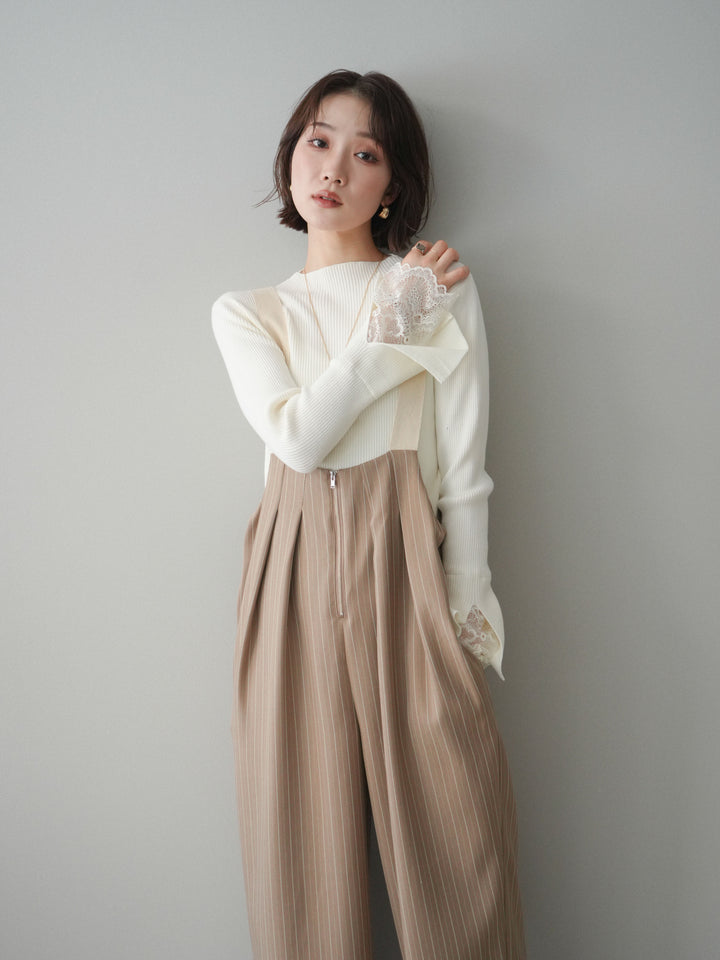 [SET]袖スカラップレースオフネックニットトップス+グログランテープストライプサロペット(2set)