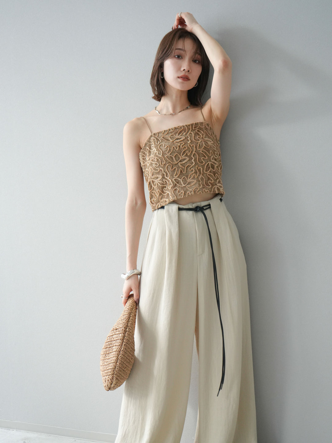 [予約]パイピングフラワーシアーベロアキャミソール/ベージュ