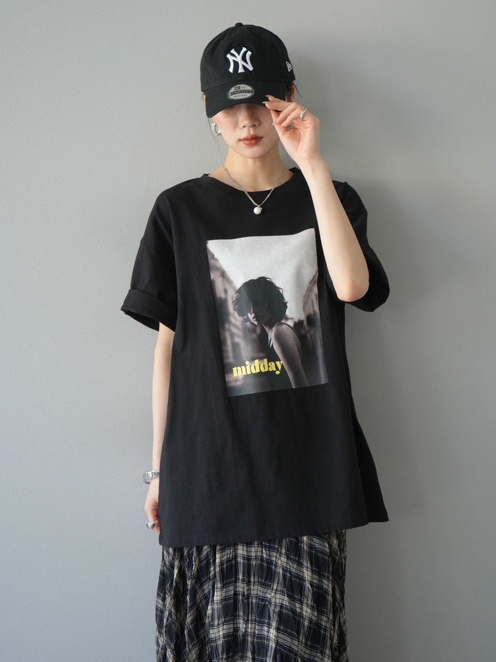[SET]ネオンロゴフォトプリントBIG Tシャツ+シアーチェックアシンメトリーワッシャースカート(2set)