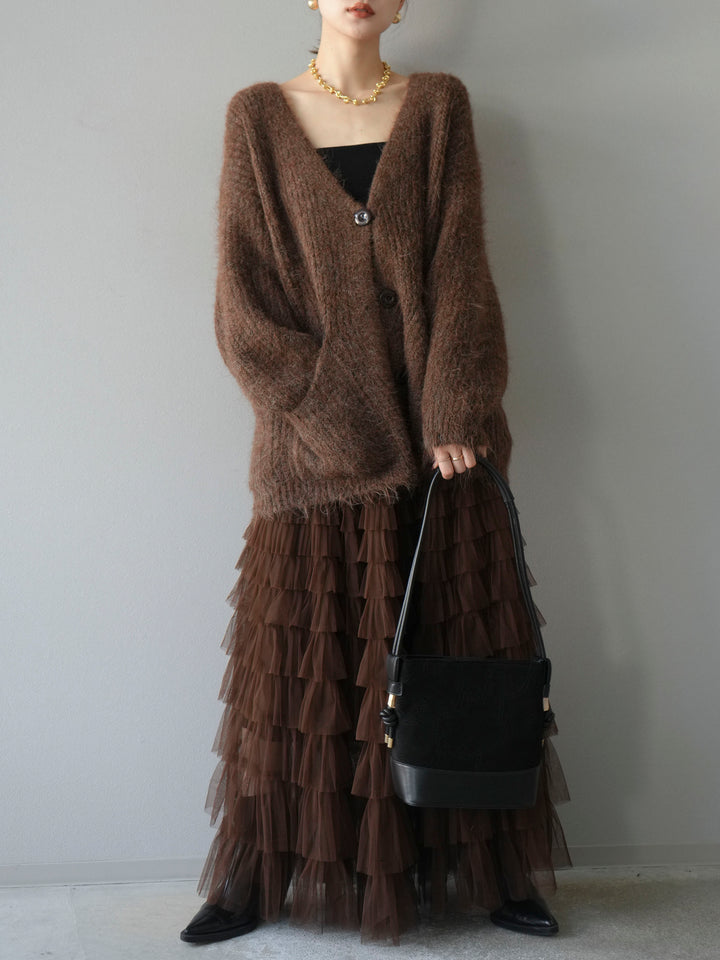 [予約]ウール混オーバーニットカーディガン/ブラウン