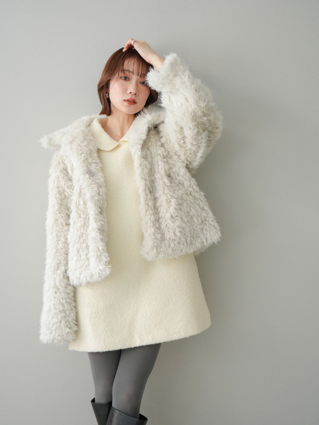 [予約]襟付きブークレミニワンピース/offwhite