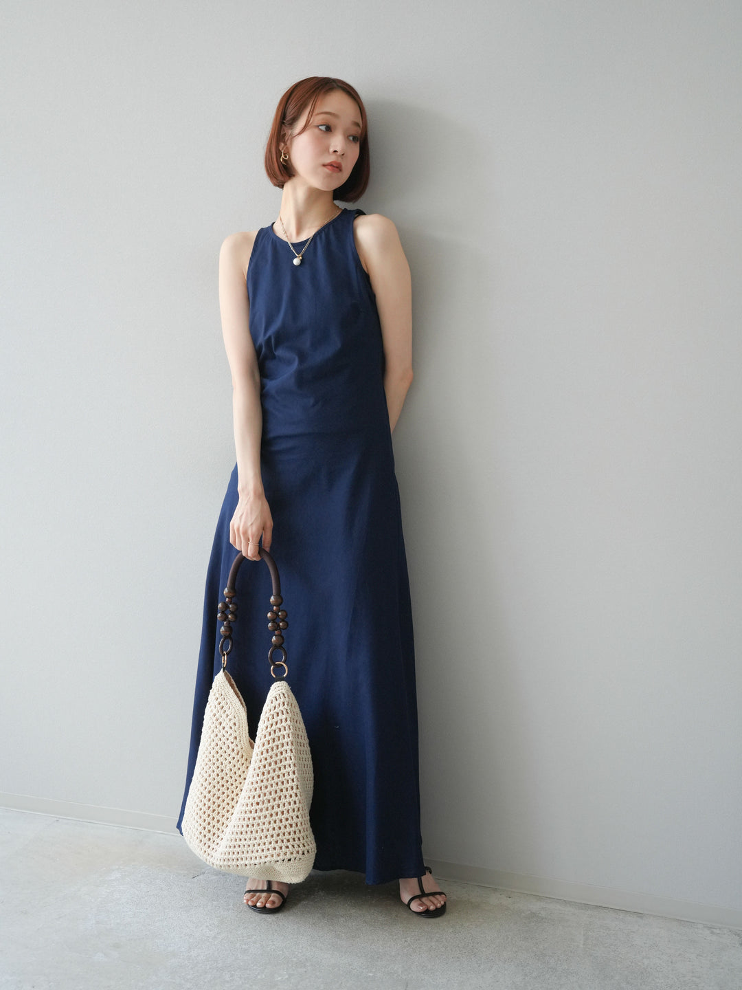 [予約]リネンタッチノースリーブワンピース/ネイビー