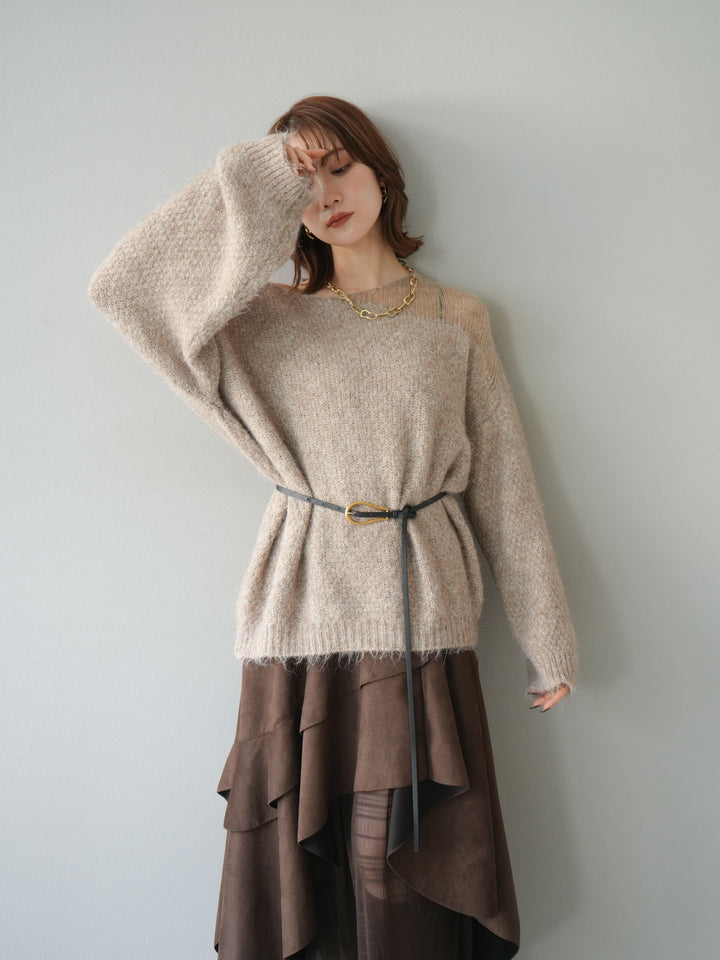 [予約]ネック透かし編みニットプルオーバー/ベージュ