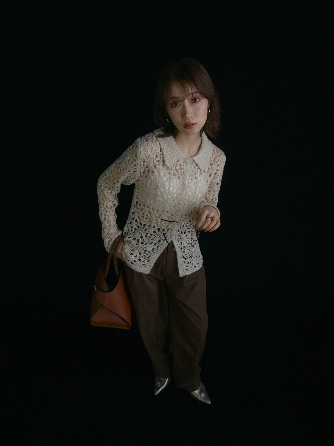 【Allure】[SET]ローゲージ透かし編みポロニッカーディガン+タフタワイドカーブパンツ(2set)