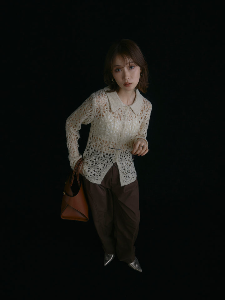 【Allure】[SET]ローゲージ透かし編みポロニッカーディガン+タフタワイドカーブパンツ(2set)