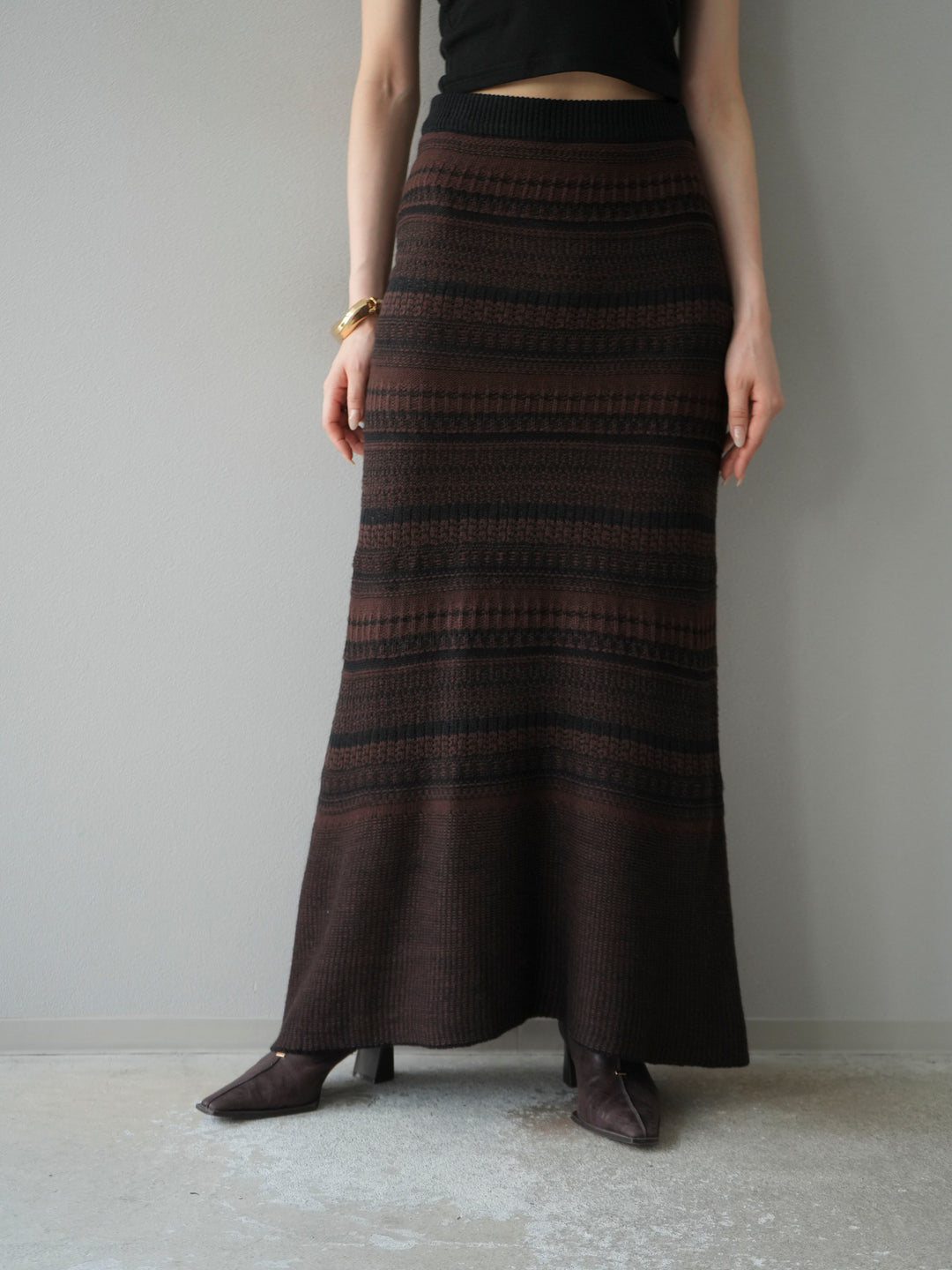 [予約]ガーター編みニットロングスカート/ブラウン×ブラック